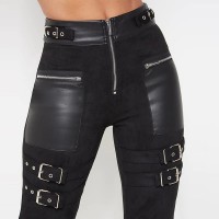 PU Leather Woman Pants Gothic Patchwork Pencil Pants Skinny High Waist Faux Leather Trousers Streetwear Motorcycle Pants D30